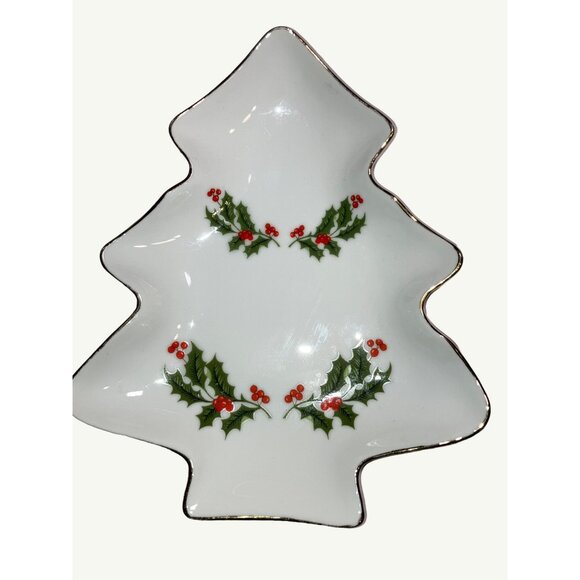 Kashima Christmas Holly Tree-Shaped Porcelain Dish   Holly and  Berry Design - Picture 1 of 7